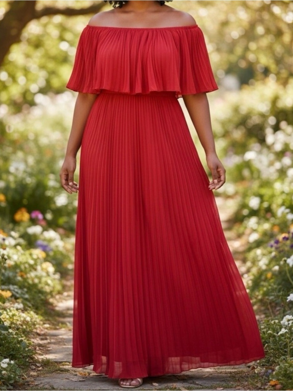 Premier Amour-Off-Shoulder Pleated Red Midi Dress